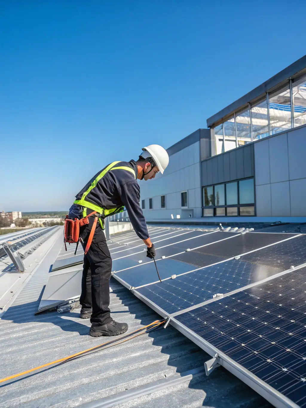 Technicians installing solar panels on a commercial building roof with safety gear, representing the solar panel installation service.