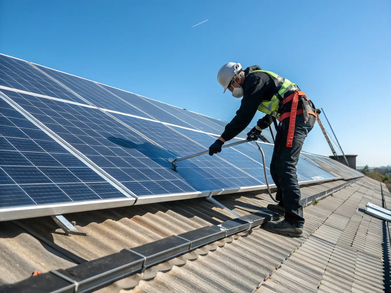 A high-quality image showing Autonomous Solar's technicians performing maintenance on a solar panel array, emphasizing reliability and longevity.
