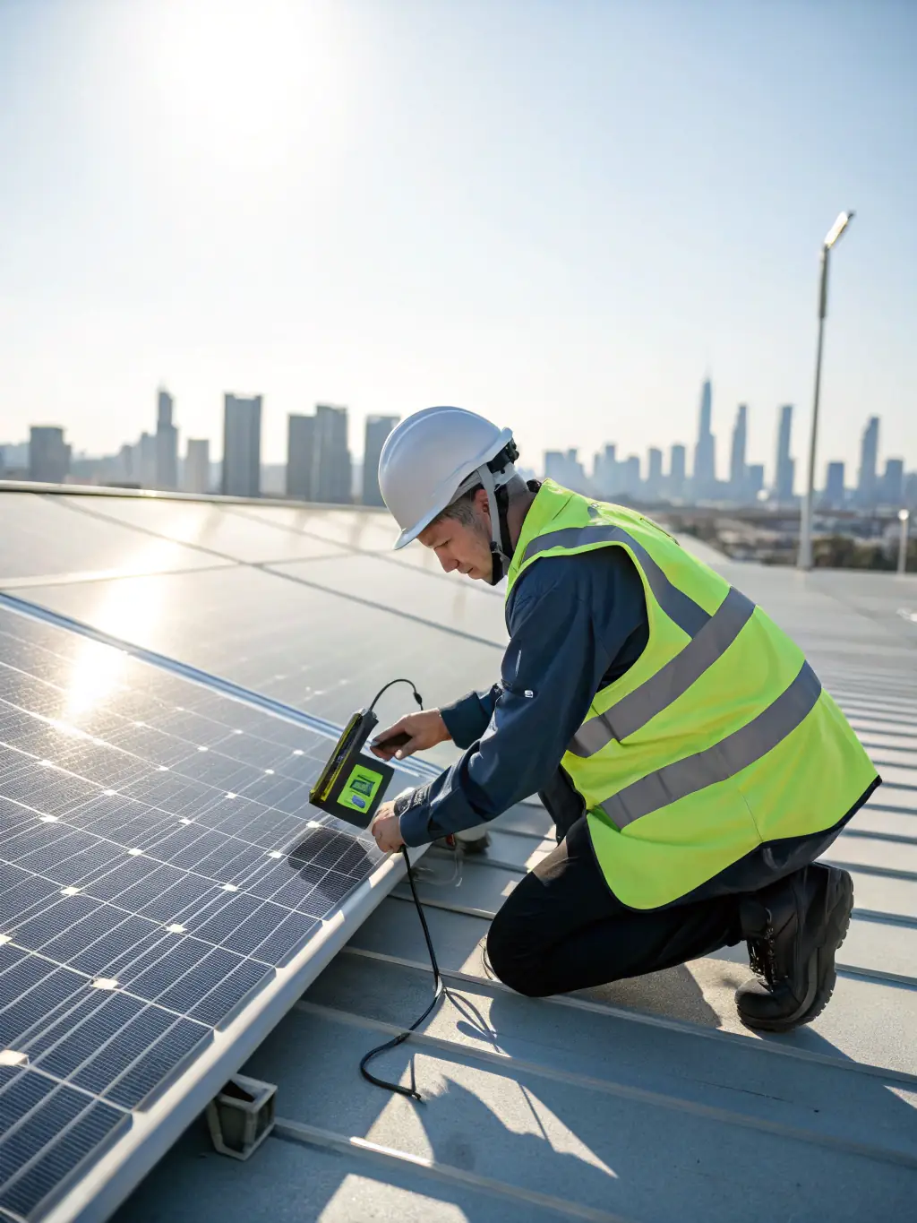 A technician inspecting solar panels on a sunny day, using diagnostic tools to ensure optimal performance. The image should convey reliability and attention to detail.
