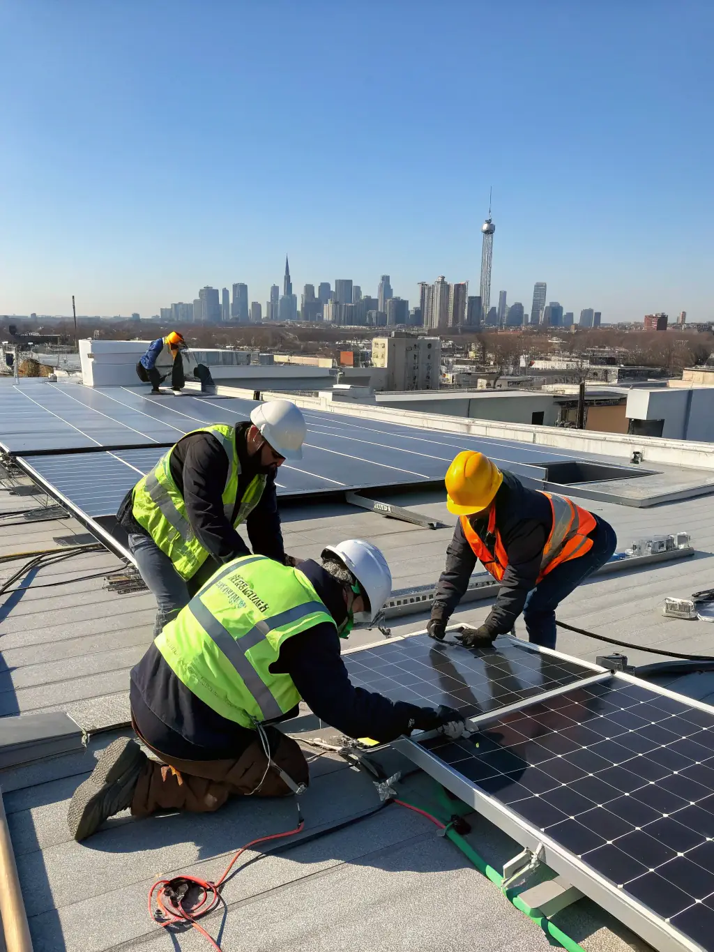 A team of technicians installing solar panels on a commercial building roof, ensuring precise alignment and secure mounting. The image should convey professionalism and expertise.