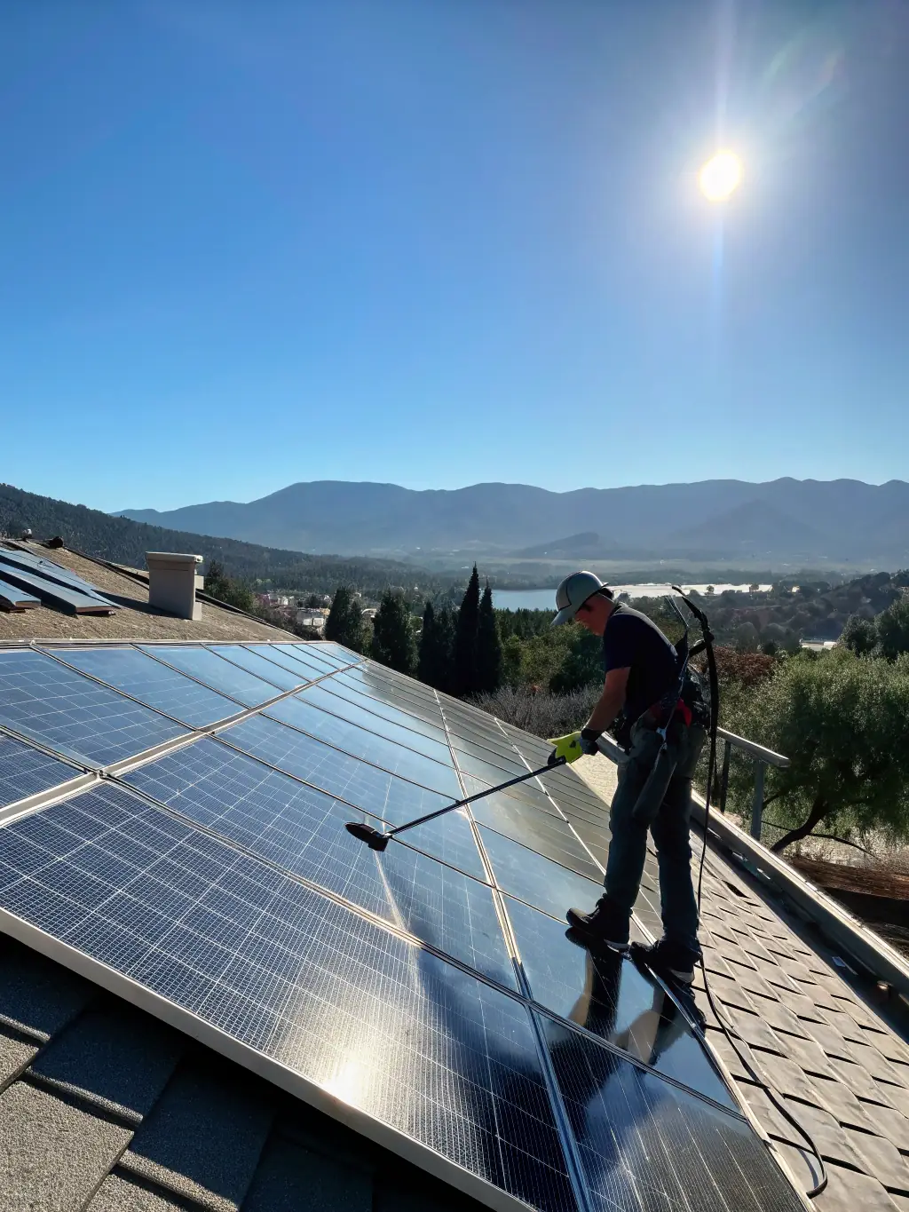 A technician inspecting and cleaning solar panels on a sunny day, illustrating the solar system maintenance service.
