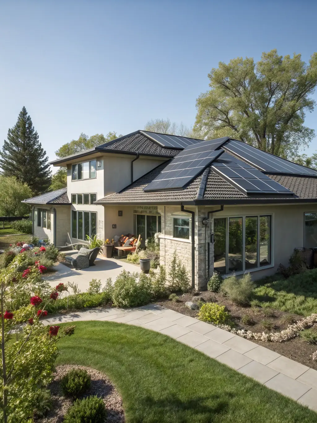 A modern home with sleek solar panels installed on the roof, set against a clear blue sky. The image should convey efficiency and sustainability.