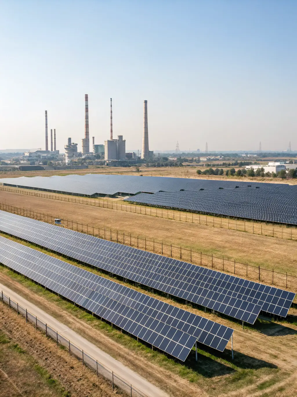 A wide shot of a solar farm with rows of panels stretching into the distance, generating clean energy. The image should convey scale and environmental impact.