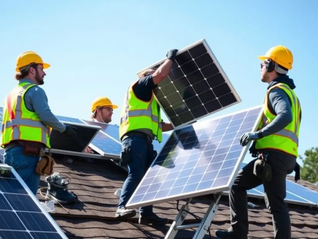 An image depicting Autonomous Solar's team installing solar panels on a residential rooftop, highlighting safety and professionalism.